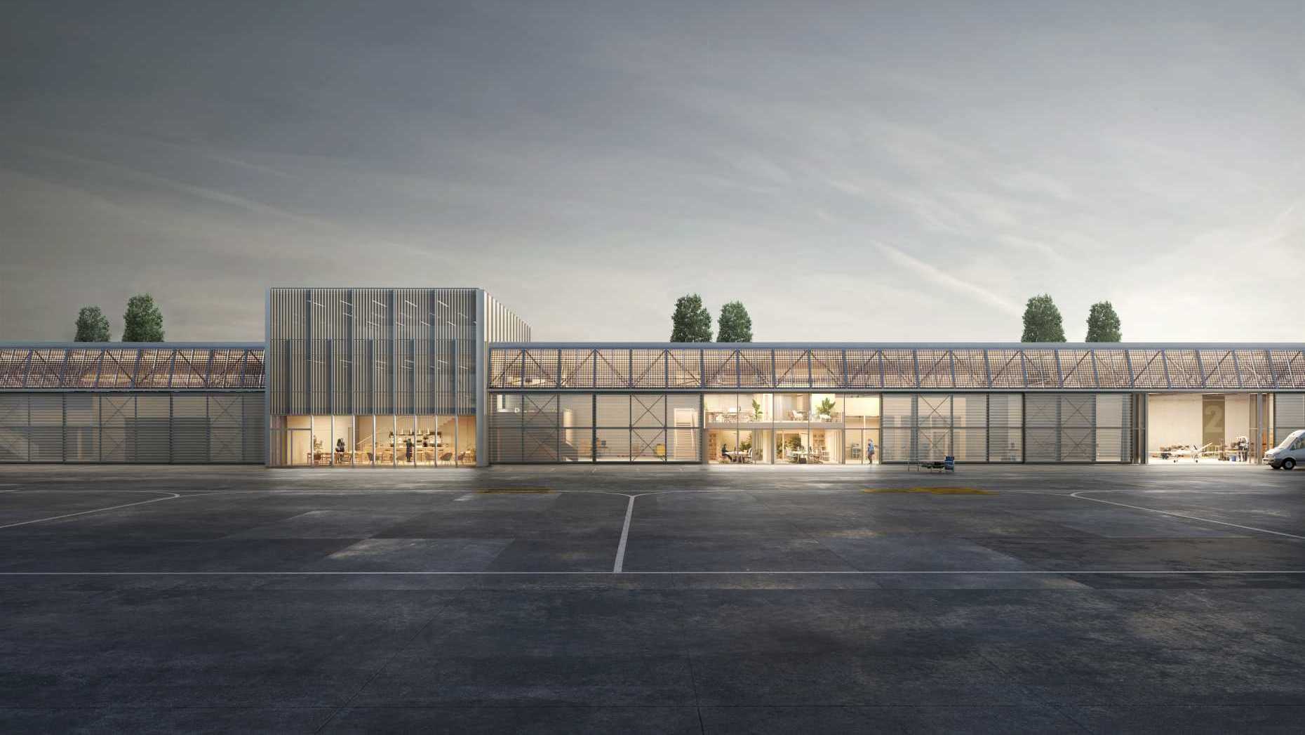Visualisierung der Hallen 2 und 3 mit neuem Technikgebäude nach Innenausbau und Aussenrenovierung.