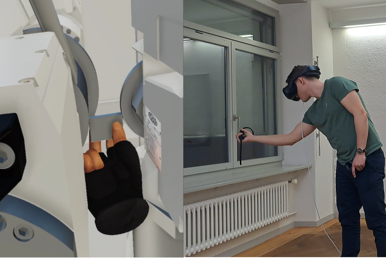 Person mit VR Brille und Controller und daneben Detailansicht aus virtueller Brille