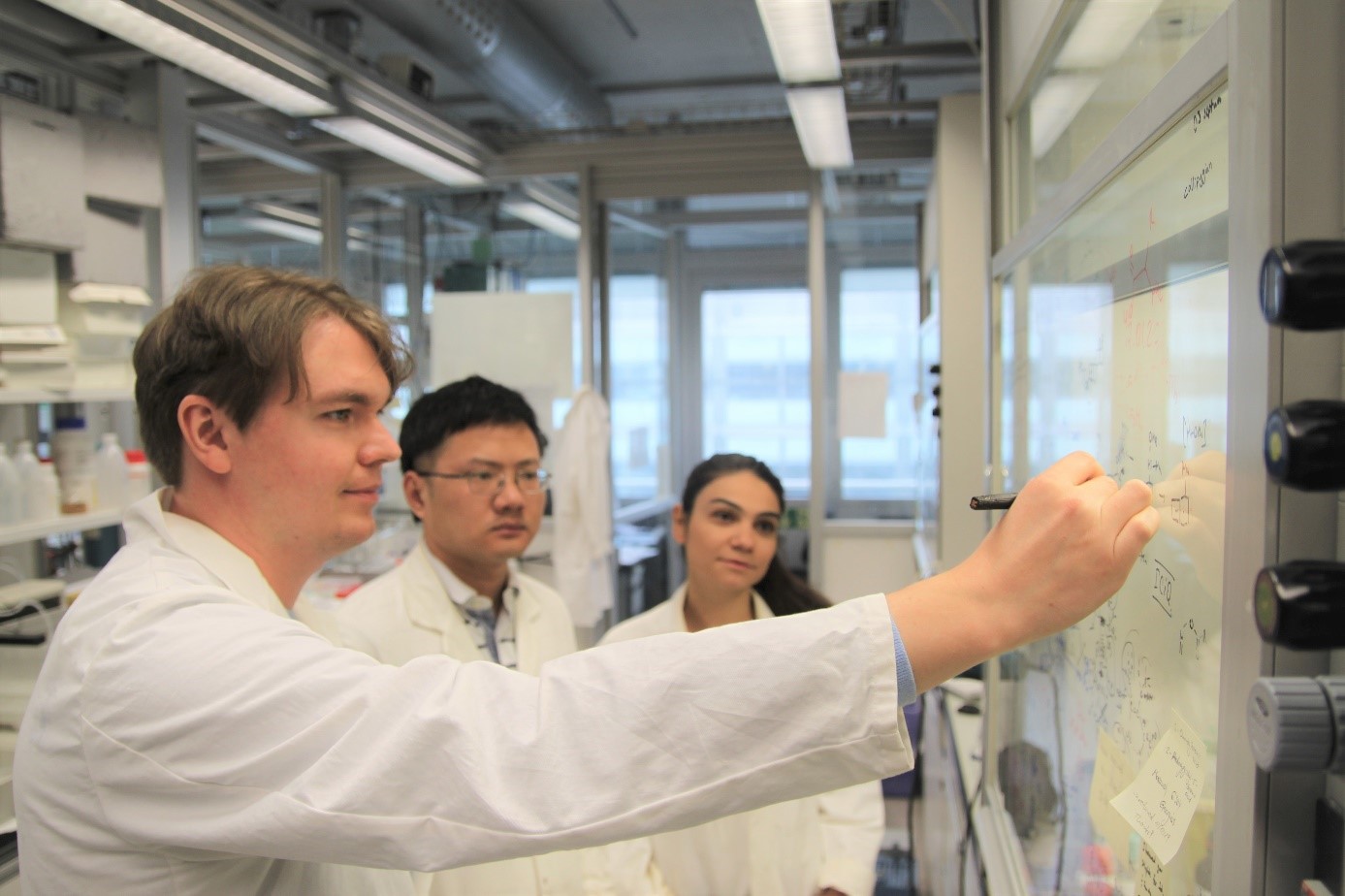 Dimitry and his team in front of white board