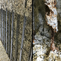 concrete wall as seen, inside of wall with corroded iron, detail of corroded iron