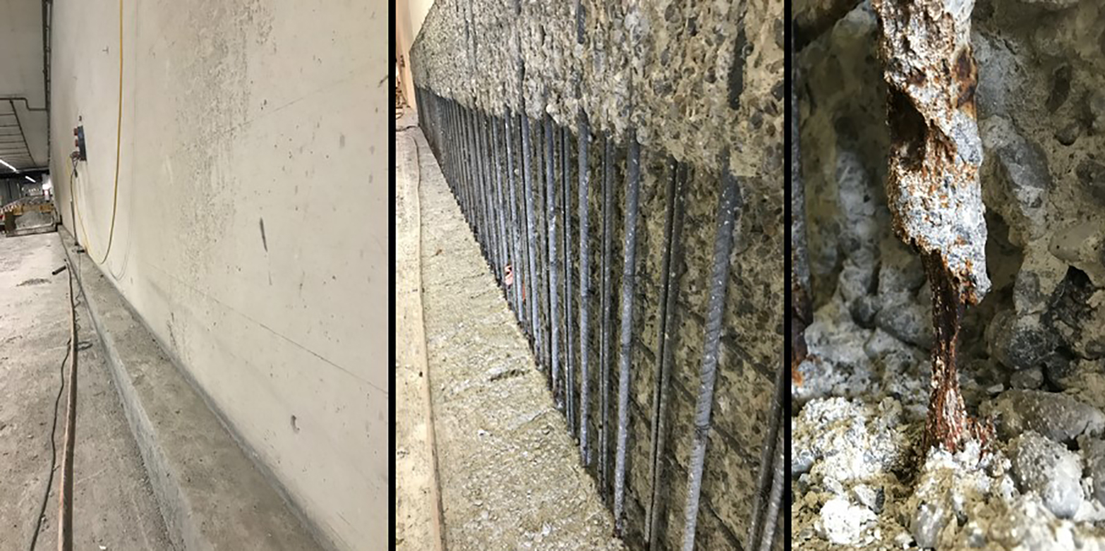 trhee pictures: garage wall, the inside of the wall with recognisable damage, detail picture of corroded iron