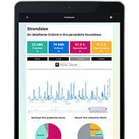picture of the app on a tablet showing graphs and figures of energy generated