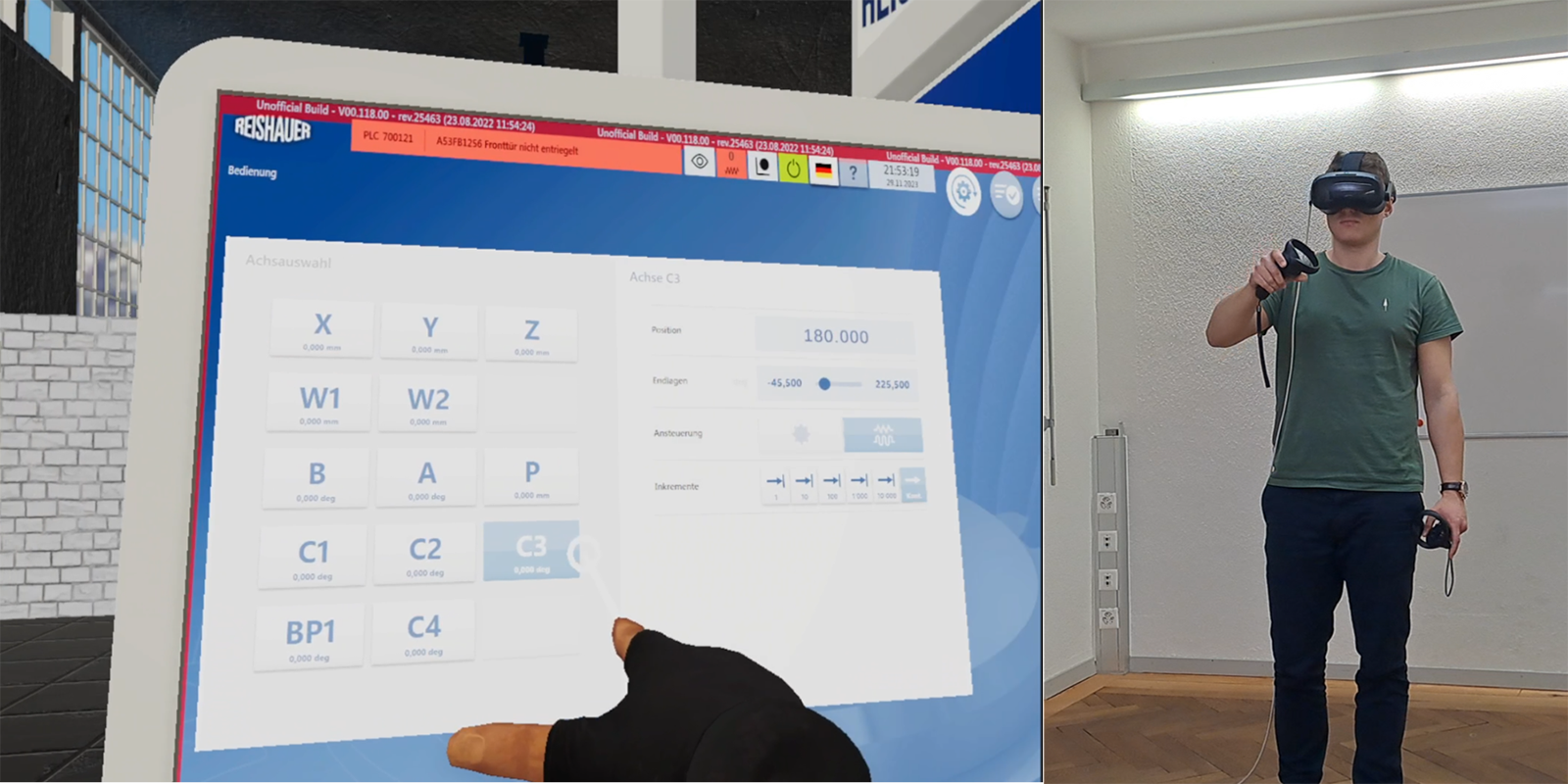 person wearing VR glasses and holding controls (reality), and view of control panel through VR glasses