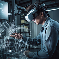 person wearing VR glasses operating a virtual machine