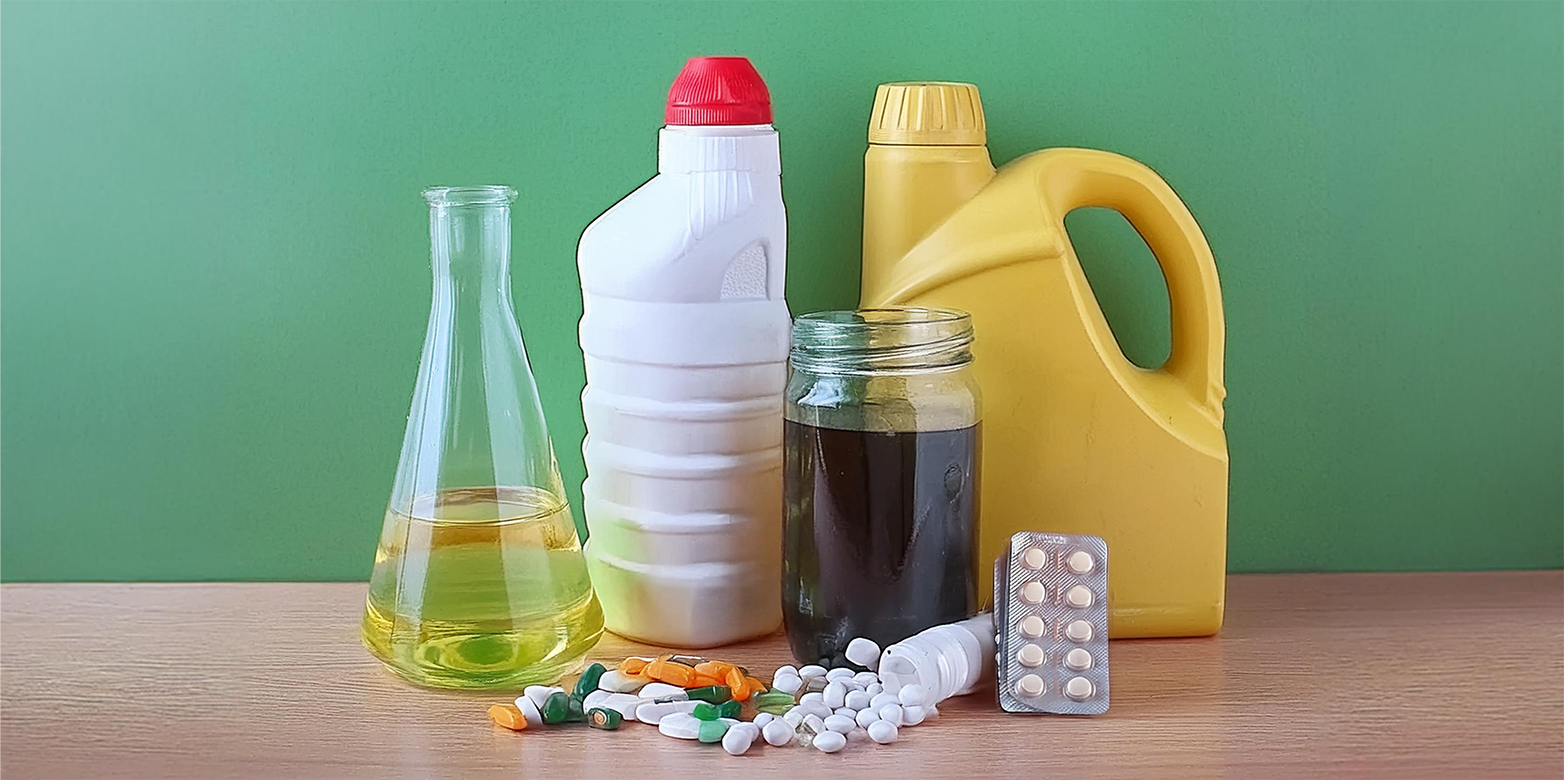 Glass and plastic bottles, oil, tablets - AI generated picture