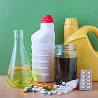 AI generated picture with glass and plastic bottles, tables and capsules, oil