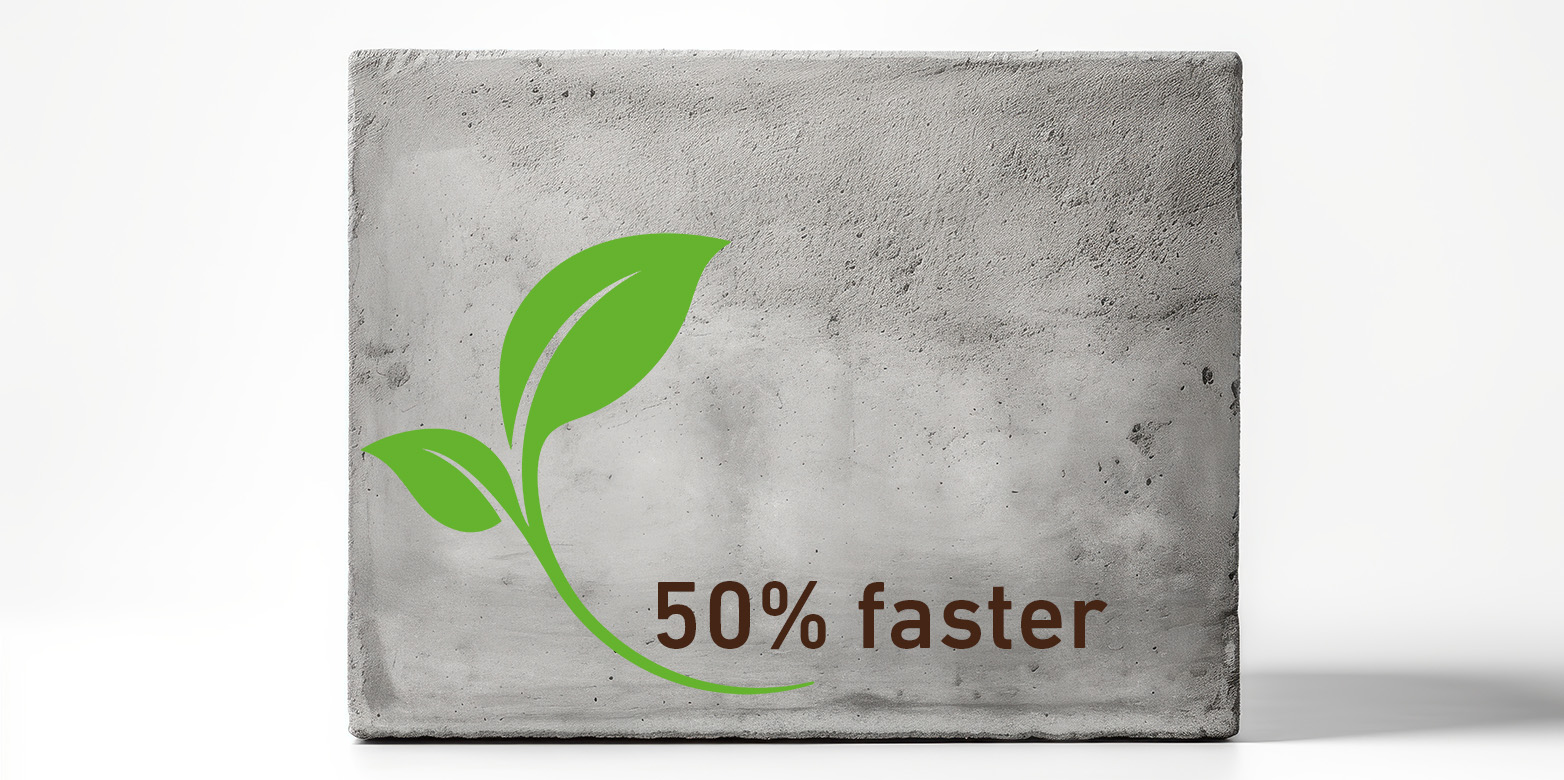 concrete block with a green leaf and text: "50% faster"